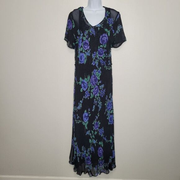 Vintage 90s black green purple blue floral semi sheer dress with overlay size 1x - Picture 1 of 8